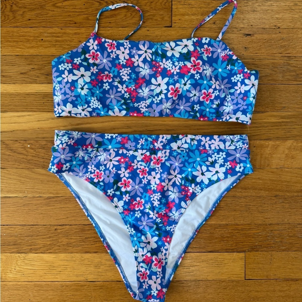Blue and Pink Bikini Set Sporty Bandeau High-Waisted - Picture 8 of 9